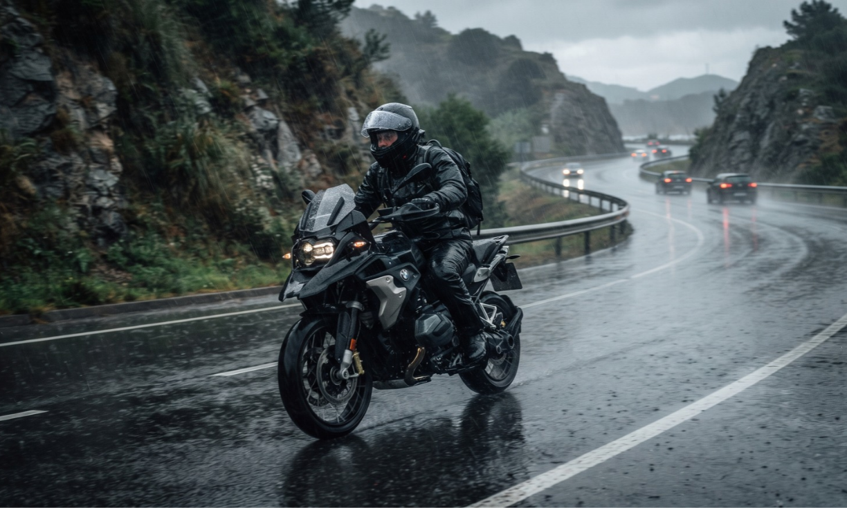 Motociclista conduciendo bajo la lluvia en pavimento mojado y consejos para evitar accidentes